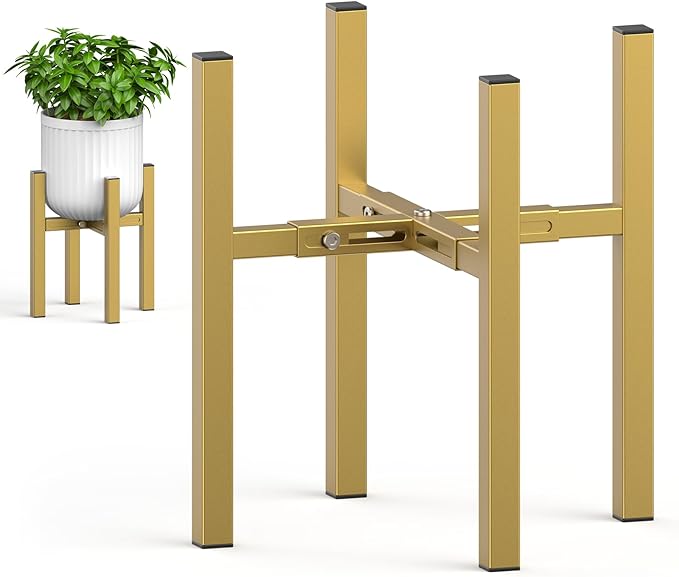 MUDEELA Plant Stand for Indoor and Outdoor: Adjustable Width Fits for 8-12 Inch Pots - Metal Heavy Duty Plant Stand Holder Up to 200lbs, 14.2 Inch Single Tier Planter Stand (Without Pot) (Gold, 1 Pack)