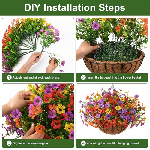 Artificial Faux Hanging Flowers Plants with Basket for Outdoor Spring Decoration, Fake Silk Daisy Outside Indoor UV Resistant Look Real Yard Patio Front Porch Garden Balcony Home Summer Decor(Mix2) - color: Red Orange Yellow Purple