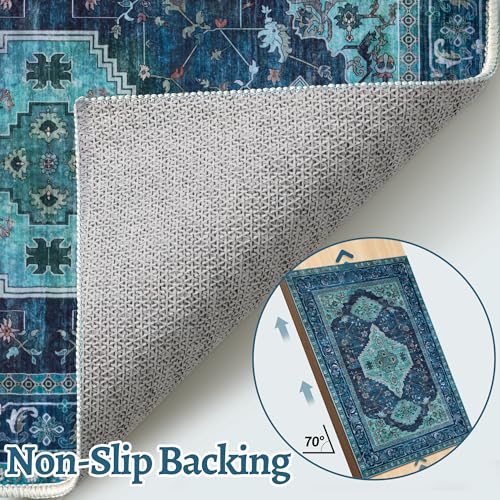 Tangsoo Oriental Small 2X3 Washable Rugs, Teal Vintage Non Slip Rug Carpet, Indoor Front Door Rug for Entryway, Door Mat Indoor Entrance Soft Low Pile Throw Rugs for Entry Kitchen Bedroom - color: Teal, size: 2' X 3' (Rectangular)