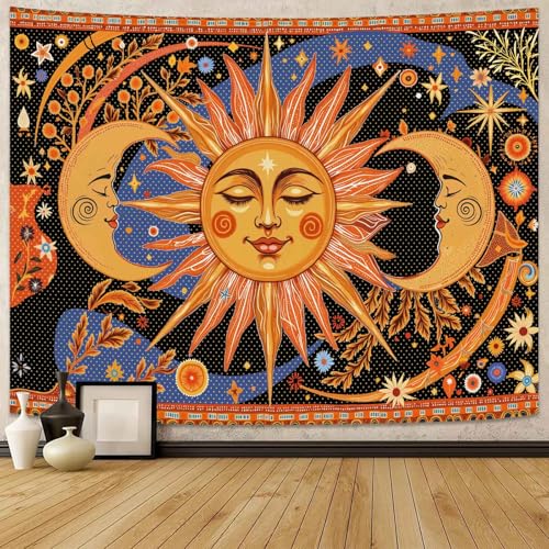 Kanuyee Celestial Sun and Moon Tapestry Nature Style Tapestry for Bedroom Celestial Starry Sky tapestries Wall Hanging Aesthetic Room Decor Smiling Sun and Crescent Moons 80"x60" - color: Orange Yellow, size: 80"L x 60"W