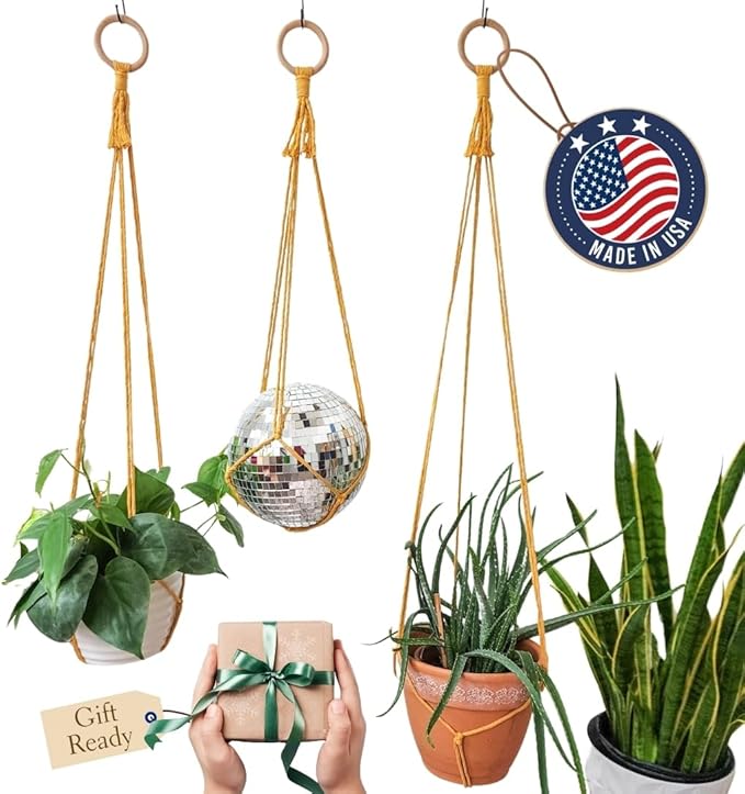 Set of 3 Macrame plant hanger for pots 4-10” live plants indoor and outdoor decor hanging plant holder Boho décor Plant stand Indoor plant shelf for Hanging planter for plant pots (Sunshine Yellow)