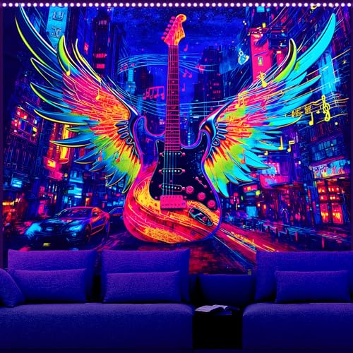 AOHMPT Blacklight Guitar Wings Tapestry Trippy Fluorescent Wall Hanging Psychedelic Rock Music Neon City Art Glow in the Dark Tapestries for Bedroom Decor, 79x59 In, Music Festival Gift - color: Guitar, size: 79"L x 59"W
