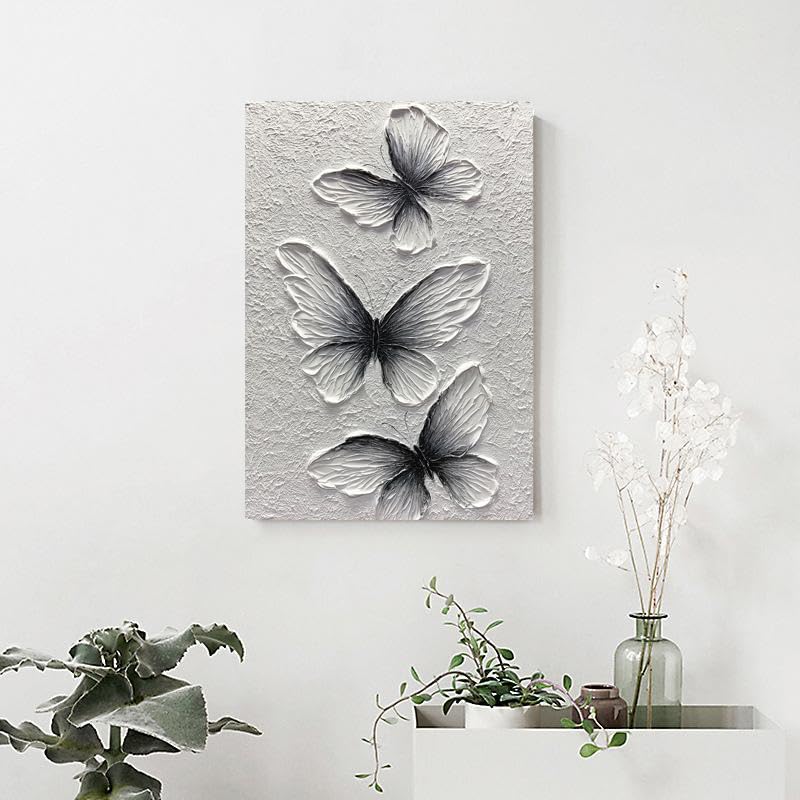 Boiee Art,24x36Inch Handmade Oil Painting Butterfly Wall Art Hand Painted Black and White Canvas Paintings Modern Abstract Home Wall Decorative Art - color: White, size: 24"L x 36"W
