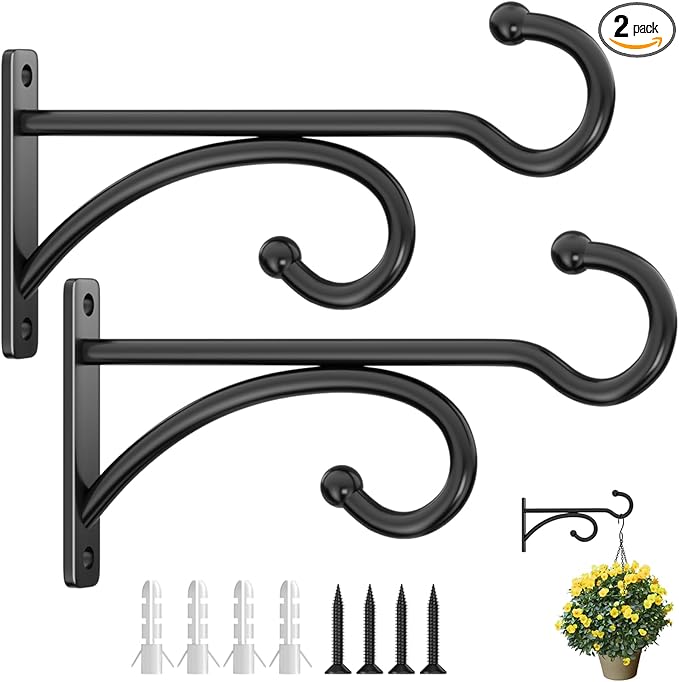 6" Plant Hanger Hooks Outdoor Indoor Planter Hooks, Wall Mounts for Hanging Plants, Baskets, Wind Chimes, Bird Feeders, Lanterns, Bird Houses (Black Metal, 2-Pack)