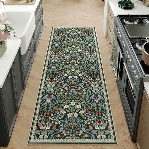2x6 Washable Runner Rug for Hallway Green Floral Vintage Non Slip Low Pile Thin Rug Soft Lightweight Stain Resistance Runner Kitchen Bathroom Living Room Entrance Beside Bed Home Decor - color: Floral | Green, size: 2'x6'