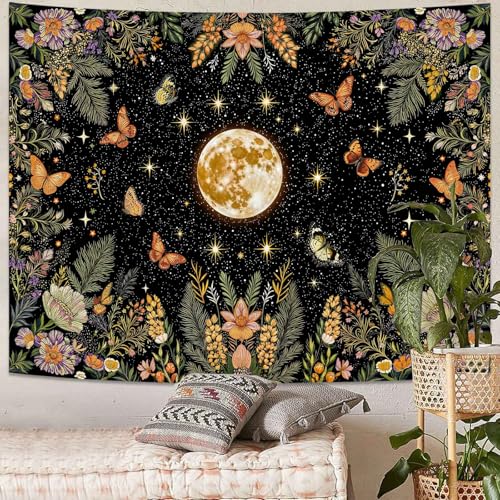 Kanuyee Moon and Butterfly Tapestry Nature Style Tapestry for Bedroom Celestial Starry Sky tapestries Wall Hanging Aesthetic Room Decor Full Moon with Butterfly 80"x60" - color: Black White, size: 80"L x 60"W