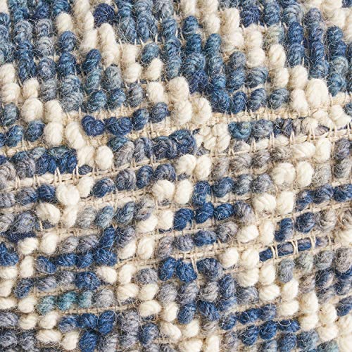 Foamma Pouf Ottoman Natural and Blue, 16"x16"x16" - Square Ottoman Foot Rest for Living Room and Bedroom, Pouf Footstool with Handcrafted Wool Cover, Foot Rest for Couch, Boho Furniture for Home - color: Natural + Blue