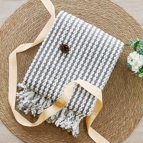 Striped Knit Throw Blanket with Braided Tassels 50" x 60", Hand Knitted Soft Chunky Chain Design Boho Farmhouse Blanket, Two Tone Tassel Decor Throw for Couch Bed Sofa Outdoor, Gray White - color: Gray White