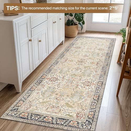 Bavni Runner Rug Non Slip for Bathroom Kitchen Hallway 2x5 Washable Runner Boho Bedsied Rugs Floor Runner for Entryway Laundry, Soft Low Pile Rugf, Ivory/Teal - color: Ivory/Teal, size: 2' x 5' (Rectangular)