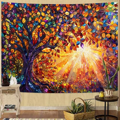 Lunerfex Tree of Life Tapestry Stained Glass Tapestry Wall Decor Tapestries for Bedroom Art Tapestries Wall Hanging for Bedroom Living Room Glass-Tree-03 44"x60" - color: Colorful Orange, size: 60"L x 44"W