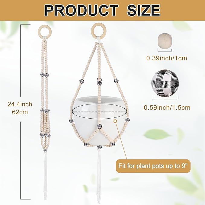 Hotfiary Plant Hanger Indoor Hanging Plant Holder Hang Planter Basket Wood Bead Decorative Flower Pot Holders Boho Farmhouse Rustic Decor Indoor Outdoor (Pot Not Included)