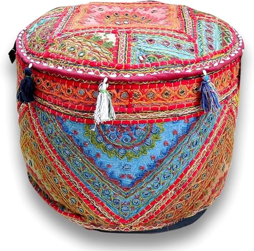 Indian Pouf Footstool Ethnic Embroidered Pouf Cover, India Cotton Round Pouffe Ottoman Pouf Cover Pillow Ethnic Decor Art-Cover Only-Indian Ottoman poufs - color: Alteration-mirror, size: 22"D x 22"W x 14"H