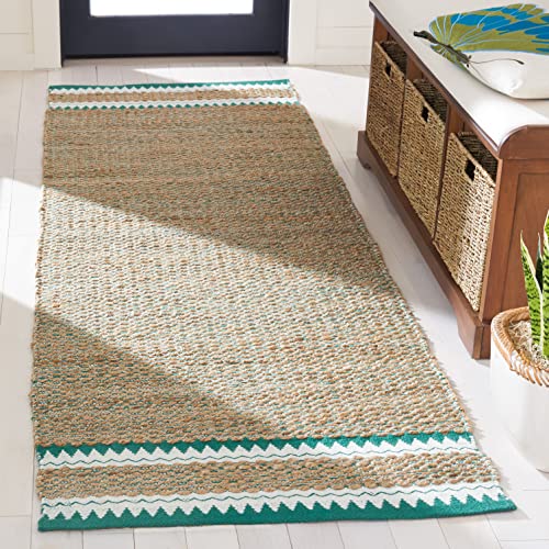 SAFAVIEH Natural Fiber Collection Runner Rug - 2'6" x 8', Natural & Green, Handmade Farmhouse Boho Coastal Rustic Jute, Ideal for High Traffic Areas in Living Room, Bedroom (NF874Y) - color: Natural/Green, size: 2'6" x 8' (Runner)