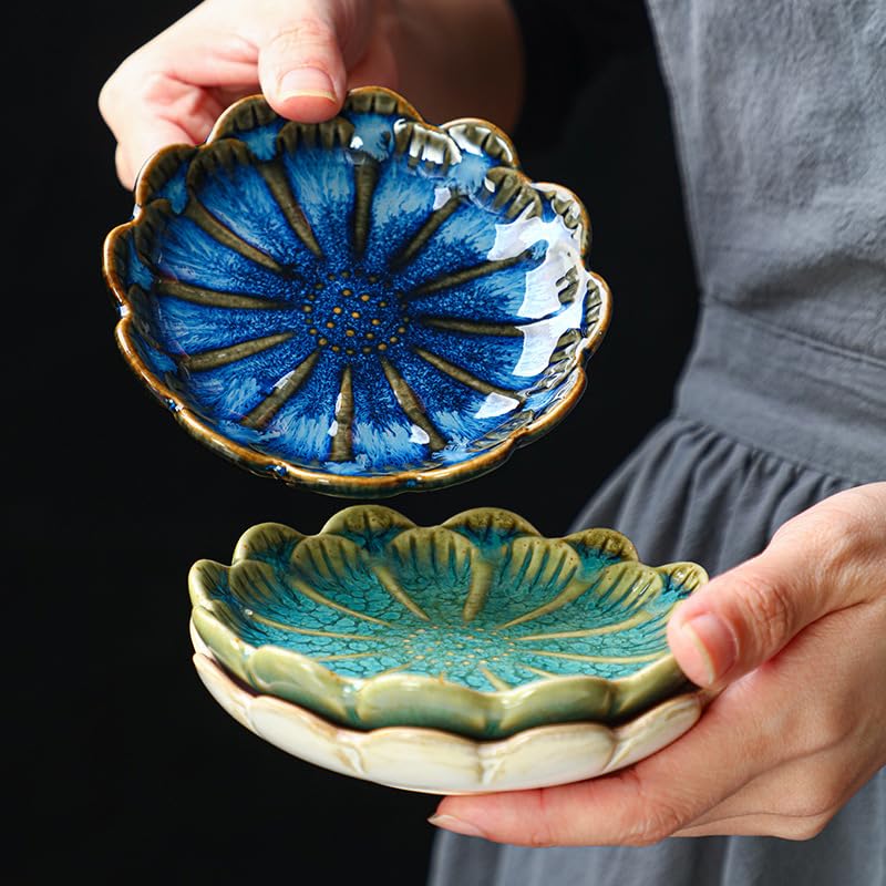 JAMEND CLXP Lotus Ring Holder Dish Small Indoor Ash Tray, Ceramic Dessert Plate Trinket Jewelry Holder Organizing Necklace Earrings for Parents Friends Sister, Blue. All Jewelries Are NOT Included. - color: Deep Blue-Round