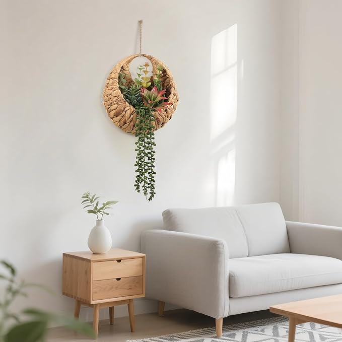 Fake Plants Hanging Artificial Succulents Plants in Woven Basket, Faux String of Pearls Greenery Plants for Living Room Bathroom Boho Wall Decor