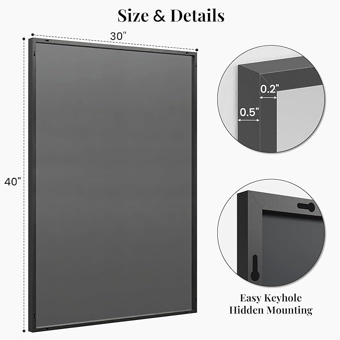 40"x30" Black Bathroom Mirror for Wall, Metal Framed Vanity Mirror Over Sink, Large Rectangular Farmhouse Decor for Fireplace, Flush Mount