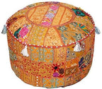 Aakriti Gallery Indian Pouf Footstool Ethnic Embroidered Pouf Cover, Indian Cotton Round Pouffe Ottoman Pouf Cover Pillow Ethnic Decor Art - Cover Only (Orange, 18x13)