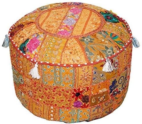 Aakriti Gallery Indian Pouf Footstool Ethnic Embroidered Pouf Cover, Indian Cotton Round Pouffe Ottoman Pouf Cover Pillow Ethnic Decor Art - Cover Only (Orange, 18x13)