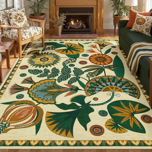 Joydeco Egypt Floral Boho 8x10 Area Rugs for Bedroom Aesthetic, Washable Vintage Living Dining Room Rug Non Slip, Beige Large Indoor Throw Carpet for Playroom Nursery Dorm Classroom - color: Beige, size: 8' x 10' (Rectangular)