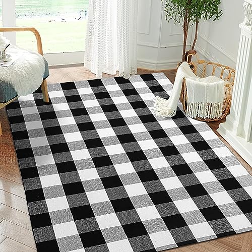 Buffalo Plaid Outdoor Rug 4'x6' Washable Black White Checkered Rug Indoor Outdoor Carpet Woven Cotton Door Mat for Front Porch, Kitchen, Bathroom, Entry Way, Living Room - size: 4'x6'