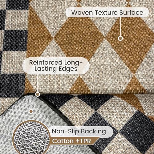 Washable Checkered Easy Jute Rug 3x5, Brown Black Checkerboard Geometric Outdoor Indoor Patio Small Rugs, Woven Non Slip Thin Neutral Carpet Door Mat for Bedroom Entryway Front Door Farmhouse - color: Checkerboard -4 Brown Black, size: 3' x 5'