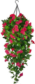 Artificial Fake Hanging Flowers Plants Basket for Spring Outdoor Outside Decoration, UV Resistant Faux Plastic Fabric Flower Morning Glory Wisteria Petunia for Garden Porch Patio Balcony Yard Decor