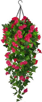Artificial Fake Hanging Flowers Plants Basket for Spring Outdoor Outside Decoration, UV Resistant Faux Plastic Fabric Flower Morning Glory Wisteria Petunia for Garden Porch Patio Balcony Yard Decor