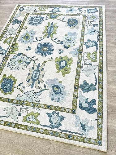 Fame Living Green Oushak Rug, Modern, Vintage, Turkish, Eclectic, Floral, Pastel, Washable, Area Rugs for Living Room, Dining, Bedroom, Office, Entryway, Foyer, Playroom, Nursery, 5'x6'9" - color: Cream Green, size: 5' x 6'11" (Rectangular)