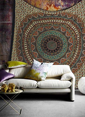 Popular Handicrafts Wall Hanging Tapestry For Bedroom Hippie Mandala Bohemian Psychedelic Intricate Floral Design Indian Bedspread Magical Thinking Tapestry 84x54 Inches,(215x140cms) Green Orange