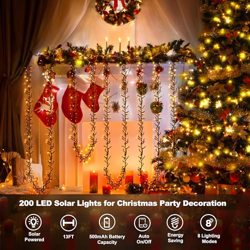 200 LED Solar String Lights for Outside, 20FT Warm White Firecracker Twinkle Lights with 8 Lighting Modes, Waterproof Solar Cluster Fairy Lights for Tree Party Home Patio Garden Christmas Decor - color: Warm White, size: 200LED*1pc-solar