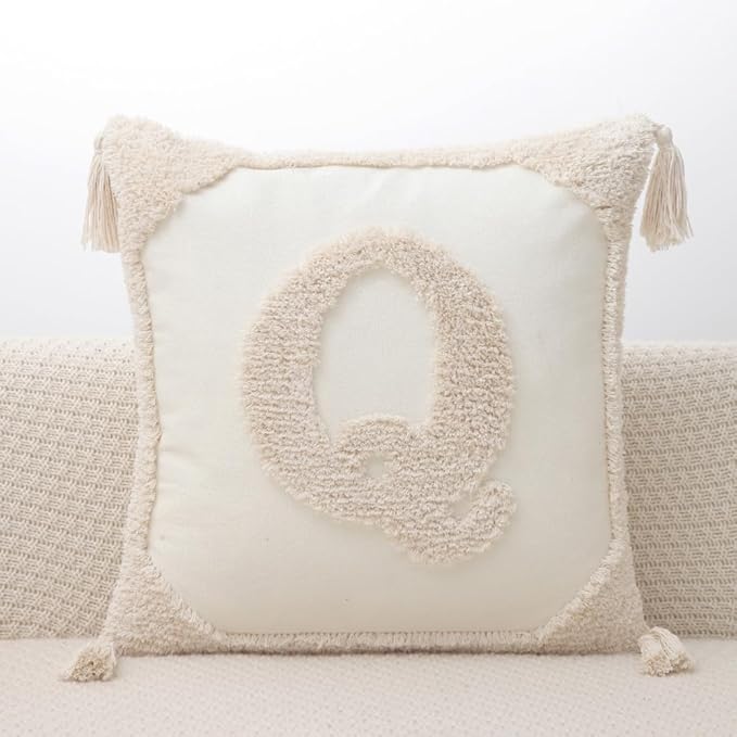 Monogram Pillow Covers with Tassels 18”x18” Modern Cotton Canvas Tufted Alphabet Q Throw Pillow Covers for Sofa Couch Bed 26 English Letters Decorative Pillow Case for Sofa Throw Pillows