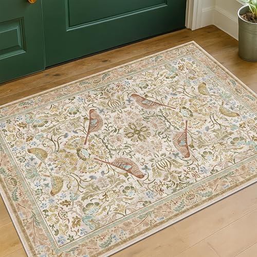Beige Boho Bathroom Rugs 2x3 Washable Non Slip - Soft Low Pile Small Throw Rug for Entryway, Kitchen, Powder Room - Unique Farmhouse Bird & Pattern Botanical Decorative Door Mats - color: Beige, size: 2' x 3' (Rectangular)