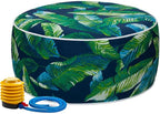 Magpie Fabrics Inflatable Stool Ottoman Pouf D20 xH9, Outdoor Round Footrest Footstool with Foot Pump, Portable for Patio Travel Camping - Green Lagoon Leaves
