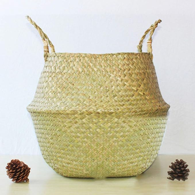 Newooh Craft Small Seagrass Belly Basket for Storage, Laundry, Picnic and Woven Straw Beach Bag - Plant Pots Cover Indoor Decorative