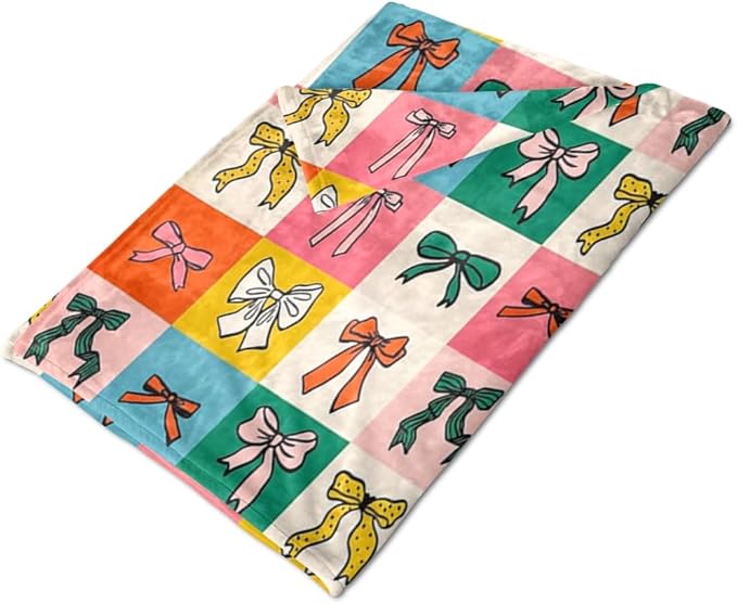 Colorful Bow Throw Blanket Preppy Blanket Coquette Flannel Soft Cute Bow Decor Lightweight Aesthetic Room Christmas Thanksgiving Decor Gifts for Women Girl for Sofa Couch Travel Bed 70"x80"