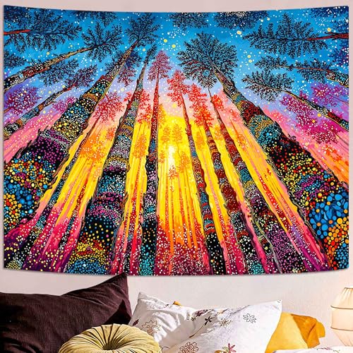 Kanuyee Colorful Forest Sunset Wall Tapestry, Vibrant Woodland Scenery Tapestries for Room Decor, Artistic Tapestry 60x44 Inch - color: Crimson Gold Orange, size: 60"L x 44"W