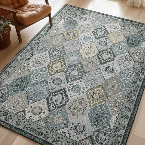 Phantoscope Washable Area Rug 6'x9' Non-Slip, Vintage Boho Rugs for Living Room, Bedroom, Dining Room, Distressed Moroccan Mosaic Diamond Pattern, Low-Pile Foldable Floor Carpet, Grey Charcoal - color: Grey Charcoal, size: 6' x 9' (Rectangular)