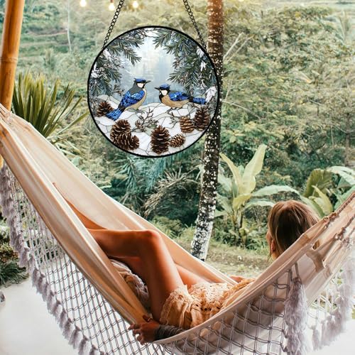 Stained Glass Window Hanging - Blue Bird Winter Forest Landscape Suncatcher for Door Garden Yard Sun Catchers Decor Christmas Mother's Day Birthday Gifts for Women Mom Nana Friend 6.3 in - color: Blue White and Brown, size: 6.3x6.3 IN