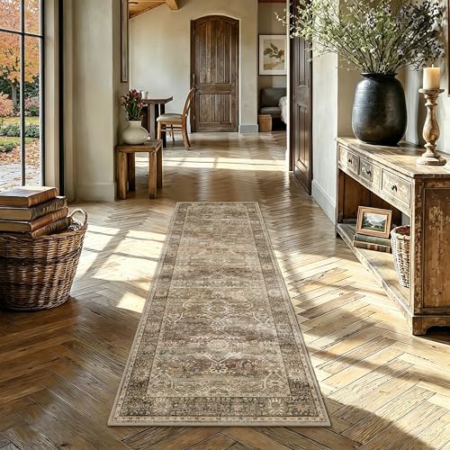 Brown Vintage Washable Runner Rugs for Hallway Kitchen Boho Hallway Rug Low Pile Non-Slip Retro Distressed Accent Throw Carpet for Entryway Bathroom Bedroom Beige - color: Brown, size: 2'*6'(Runner)