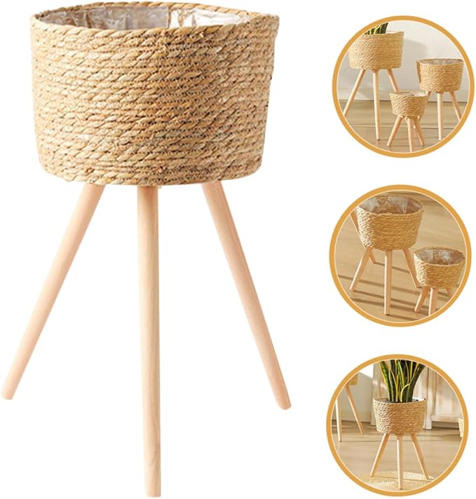 Wooden Woven Vines Plant Pot Stand for Living Room Decor Boho Style Garden Home