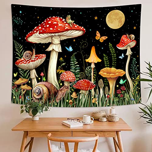 Zussun Red Mushroom Tapestry Moon Star Tapestries for Bedroom Aesthetic Starry Night Green Plant Tapastrys Wall Hanging Butterfly Snail Frog Wall Tapestry for Living Room Dorm (Black, 90" x 68") - color: Black, size: 90"L x 68"W