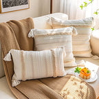 Boho Cotton Handwoven Throw Pillow Covers Tufted Decorative Cushion Covers for Bedroom Living Room Sofa Farmhouse Square Fringed Throw Pillow Case (Cream, 18"x18") - size: 18" x 18" (Pack of 1)