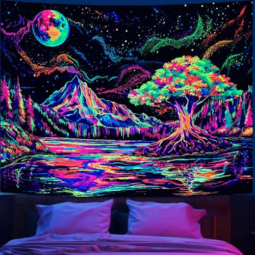 Zussun Blacklight Mountain Forest Tapestry Hippie Tree of Life Tapestries for Bedroom Aesthetic Glow in The Dark Moon and Stars Tapestry Wall Hanging for Living Room Dorm 60 × 44 Inch - color: Colorful Lake, size: 60"L x 44"W