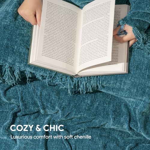 RECYCO Throw Blanket Soft Cozy Chenille Throw Blanket with Fringe Tassel for Couch Sofa Chair Bed Living Room (Teal, 50'' x 60'') - color: Teal, size: 50'' X 60''