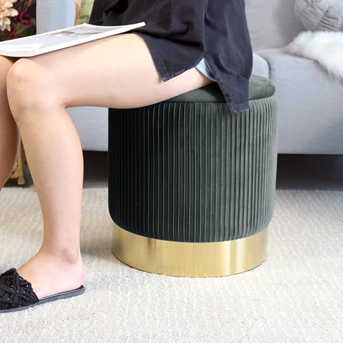 Round Ottoman with Storage Set of 2 Upholstered Velvet Vanity Stool for Living Room Storage Ottomans Multifunctional Foot Rest (Gray)