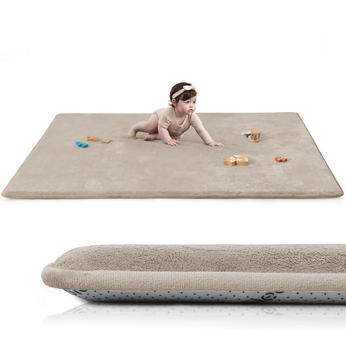 Baby Play Mat for Floor,50"×65" Playpen Mat for Toddler,Infant,Kids,1.3" Thick Elasti Foam Non-Slip Nursery Rug,Water Repellent Soft Padded Floor Mats for Tummy Time,Crawling(Beige)