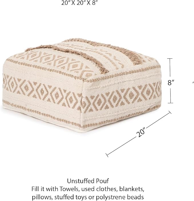 REDEARTH · UNSTUFFED Pouf Ottoman Cover Textured Storage Cube Bean Bag Poof Pouffe Footrest for Living Room, Bedroom, Nursery, Patio, Gym; 100% Cotton (20"X20"X8"; Taupe Natural)