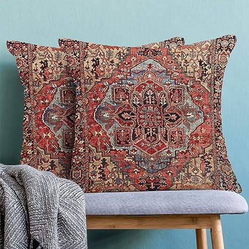 AEIOAE Boho Pillow Covers 18x18 Set of 2 Red Boho Vintage Style Decorative Throw Pillow Outdoor Linen Square Farmhouse Decor Retro Cushion Cover for Home Couch Sofa - color: Boho 22, size: 18" x 18" (Pack of 1)