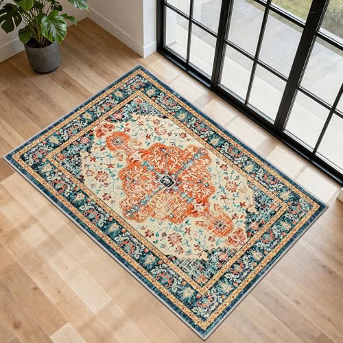 U'Artlines 2x3 Washable Boho Area Rug, Small Non Slip Vintage Doormat for Indoor Front Door Ultra Thin Mat Carpet for Entryway Kitchen Bathroom Bedroom Orange/Multi - color: Orange/Multi, size: 2' x 3' (Runner)