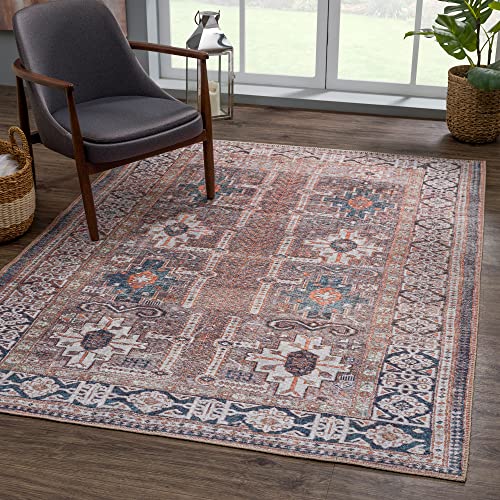 Bloom Rugs Washable Non-Slip 2' x 3' Rug - Brown/Blue/Orange Traditional Oriental Area Rug for Living Room, Bedroom, Dining Room, and Kitchen - Exact Size: 2' x 3' - color: Brown / Blue / Orange, size: 2' x 3' (Rectangular)